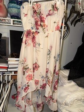 Rue21 Cream Strapless High-Low Dress with Pink & Green Floral Print